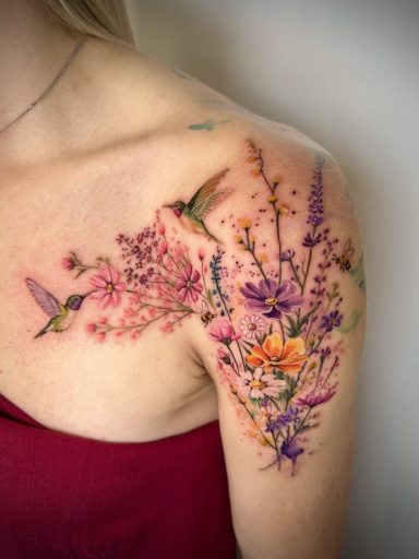 Watercolour hummingbird and wildflower shoulder tattoo by Lena Luna in Letchworth Hertfordshire