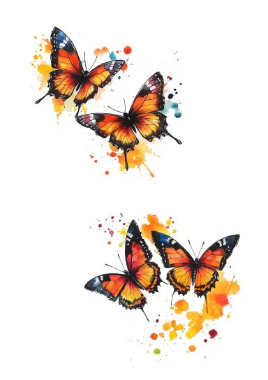 Four vibrant orange and black butterflies with colourful splashes of paint.
